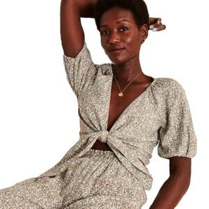 Abercrombie & Fitch Peach Floral Print Tie-Front Linen Blend Blouse Top size L